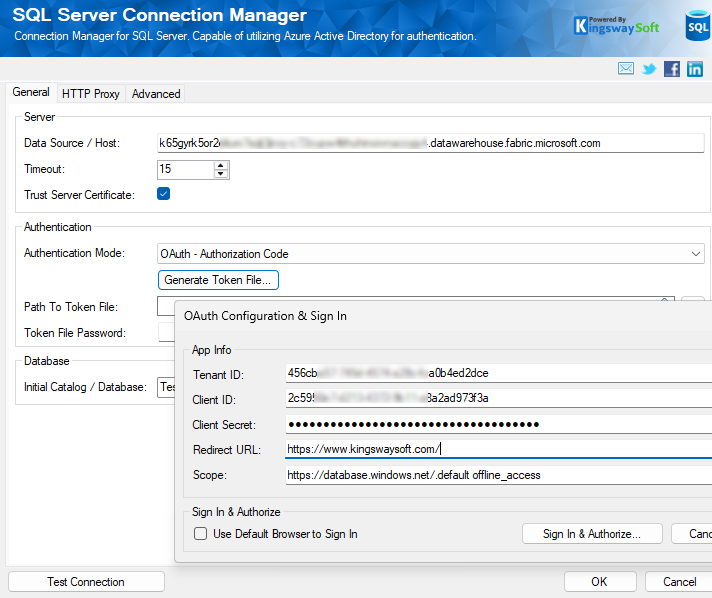 SQL Server Connection Manager settings for OAuth authentication using Azure Active Directory.